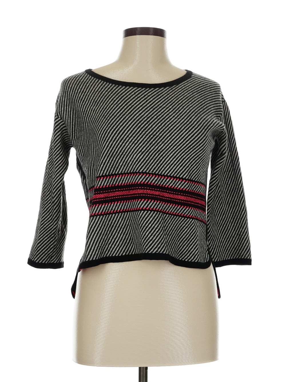rag & bone Black and White Striped Crew Neck Sweater with Pink Accent